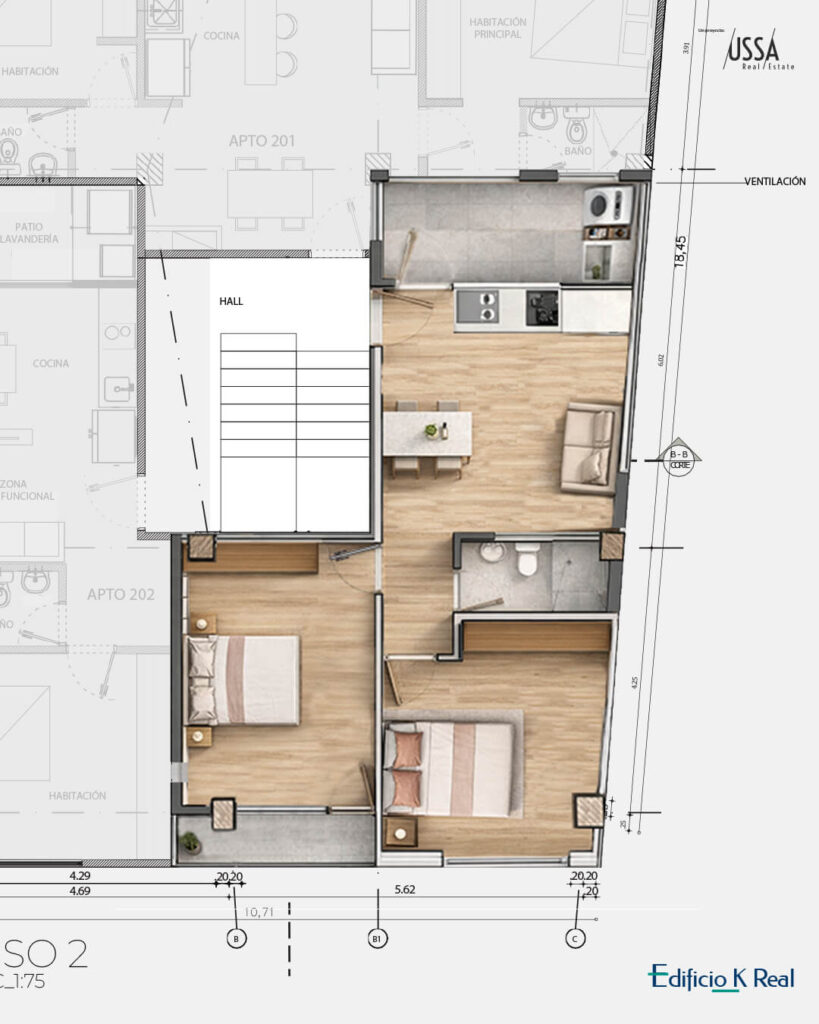 Edificio K Real Plano render SEGUNDO PISO 203